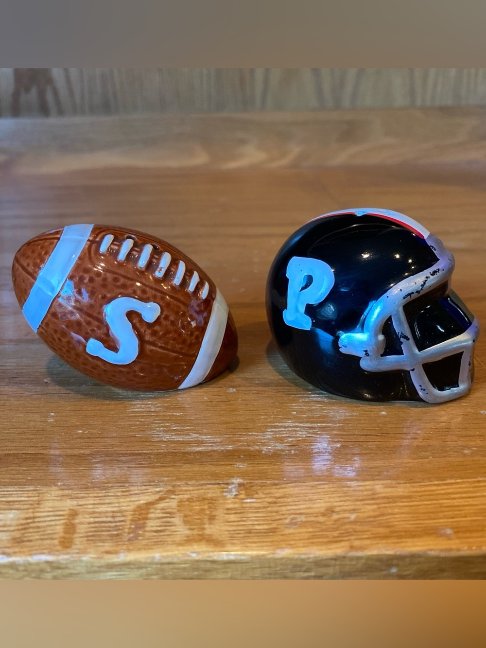 Enesco Vintage Football Ball & Helmet Salt and Pepper Shakers Ceramic